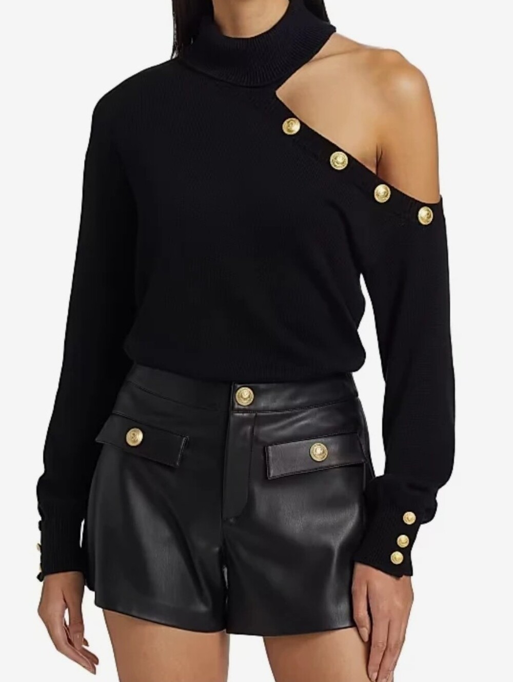 L'Agence Brixie Asymmetric One Shoulder Turtleneck Sweater with Gold Buttons